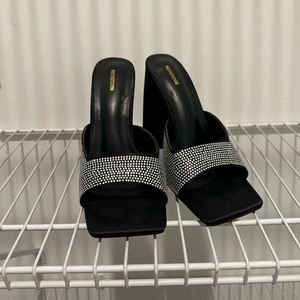 Black Diamante Satin Square Strap High Block Heeled Mules